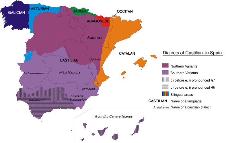 A map of the four languages of Spain.
